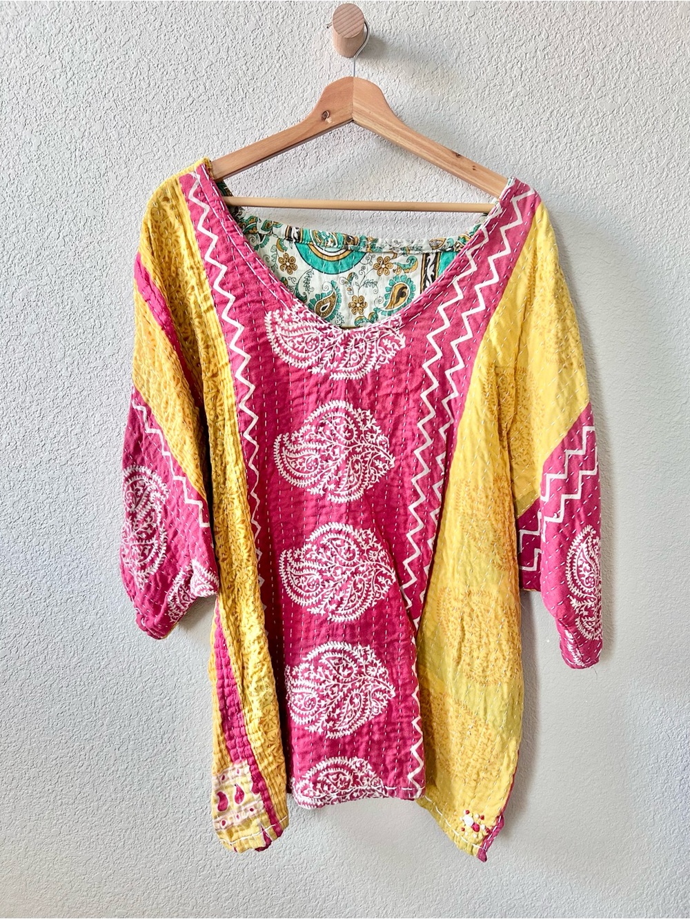 Kantha Tunic Top Red Yellow One Size Bohemian